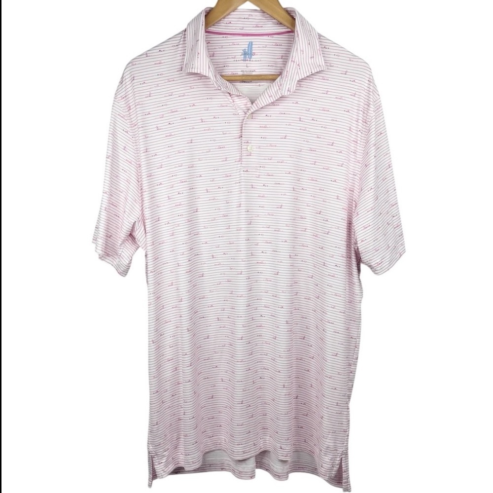 Johnnie-O White & Pink Striped Sun Bathin Print UPF 50 Featherweight Golf Polo L
